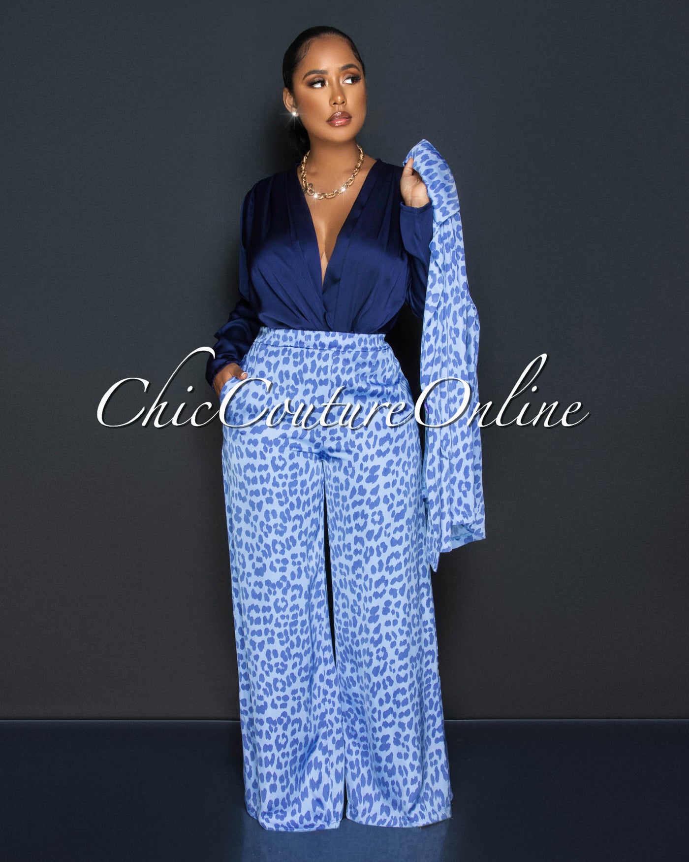 Samone Blue Leopard Print Blazer & Wide Pants Silky Set