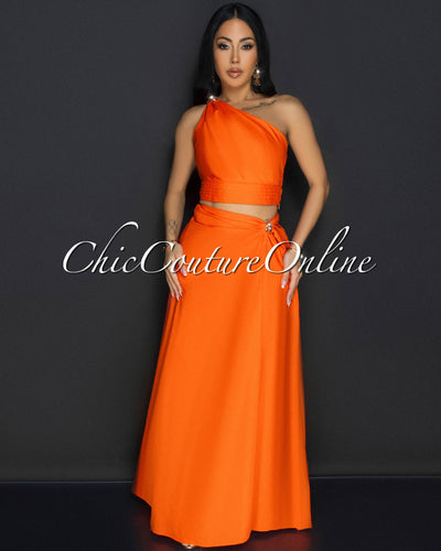 Ceci Orange Gold Accent Top & Skirt Two Piece Set