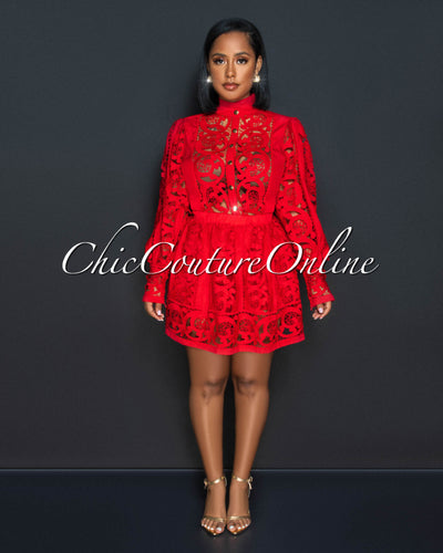 Sonya Red Crochet See-Though Blouse & Ruffle Skirt Set