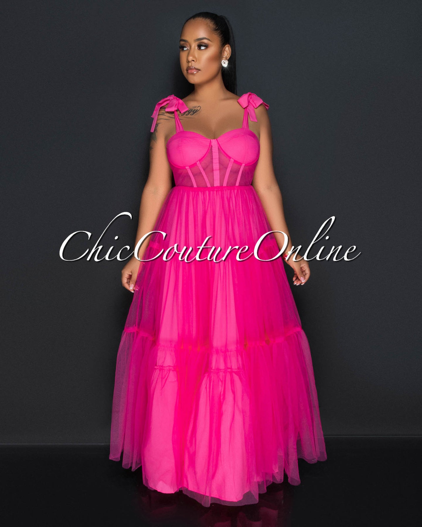 Denel Fuchsia Padded Cups Mesh Ruffle Maxi Dress