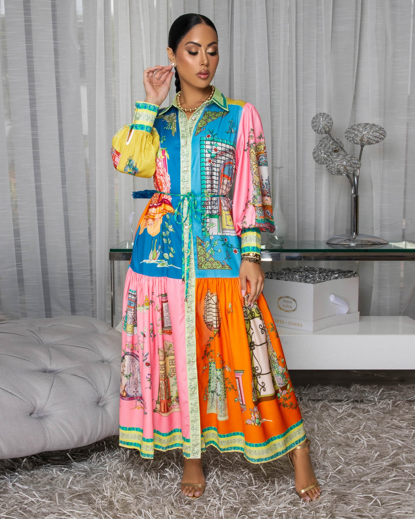Calista Multi-Color Print Silky Maxi Dress