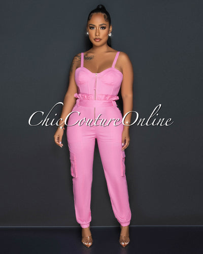 Vadda Pink PaperBag Waistband Cargo Jumpsuit