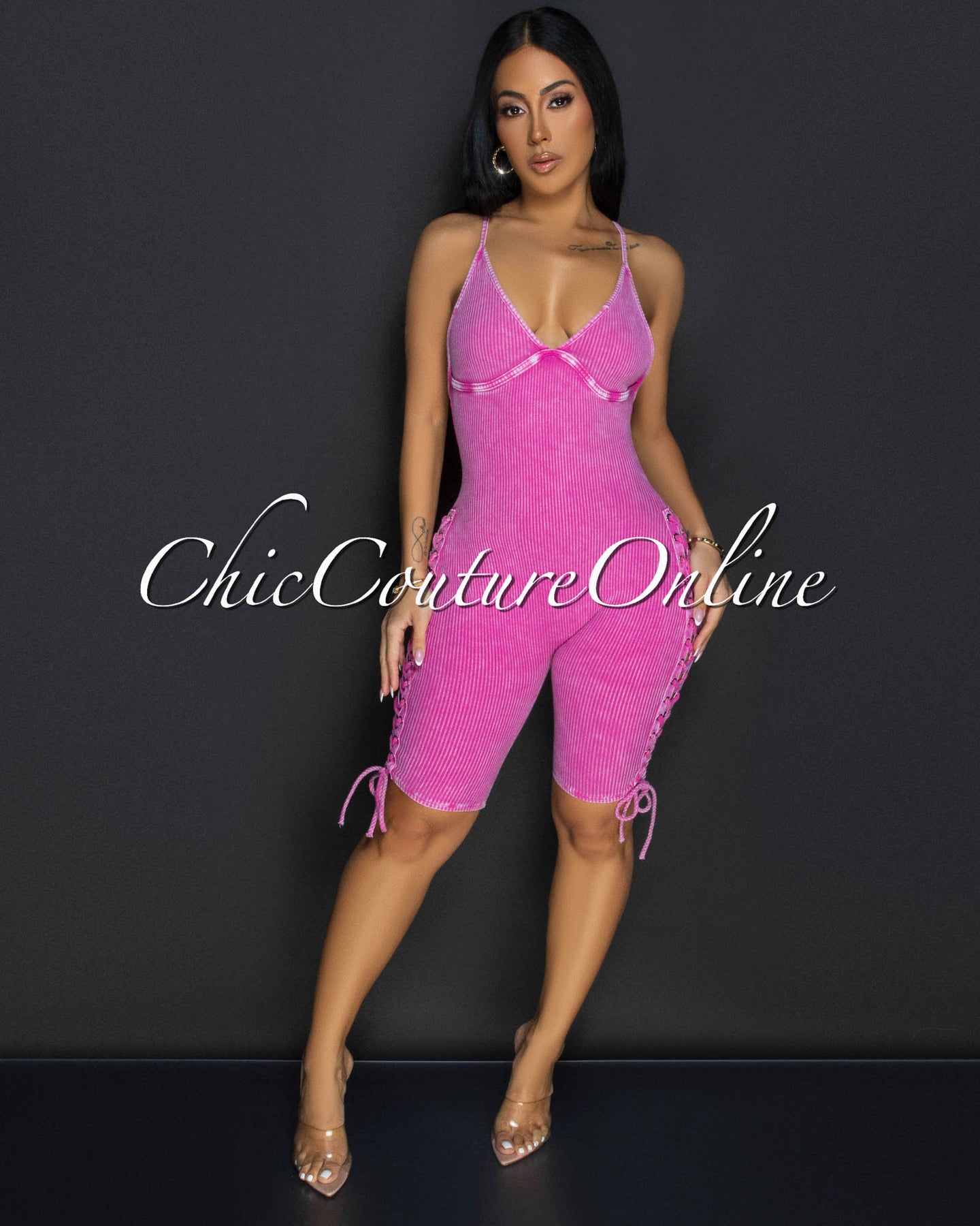 Daya Pink Ribbed Lace-Up Sides Romper