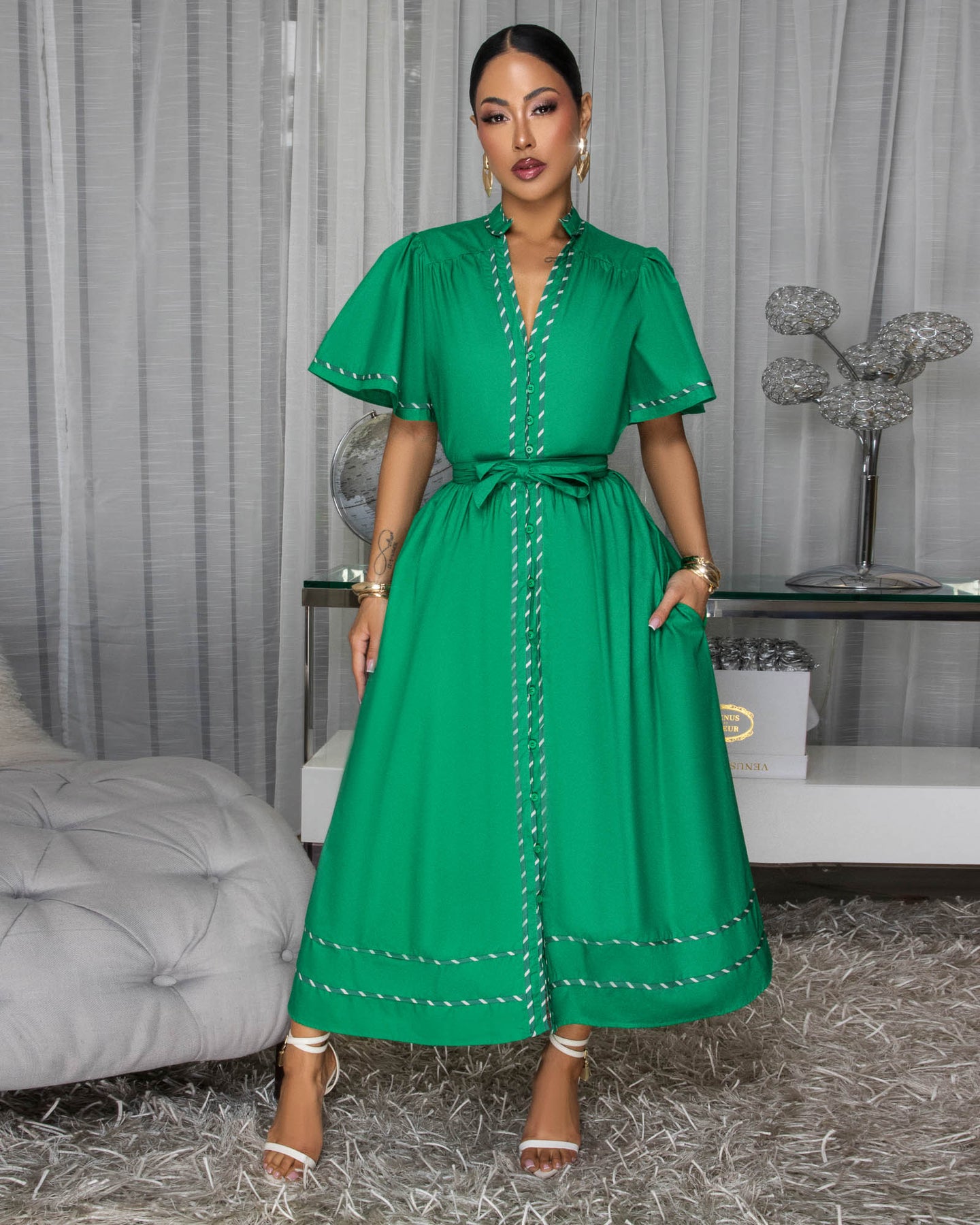 Ryiah Kelly Green Belted Maxi Dress