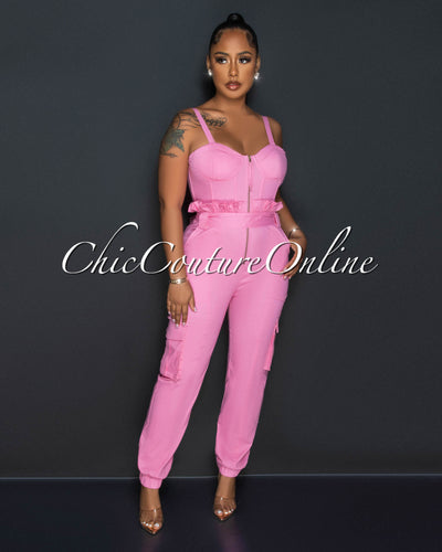 Vadda Pink PaperBag Waistband Cargo Jumpsuit