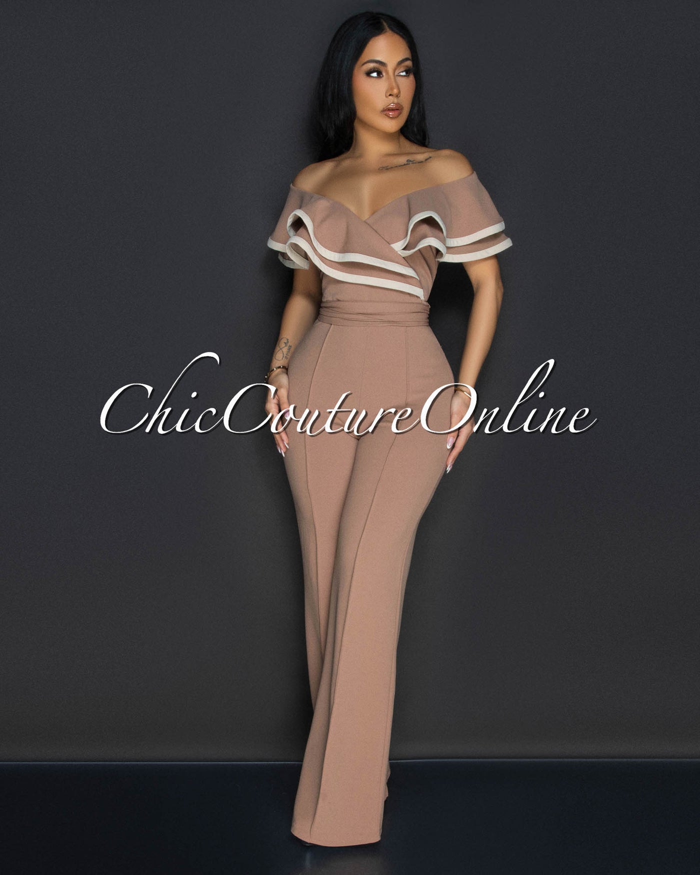 Mara Nude Beige Trim Ruffle Bust Jumpsuit