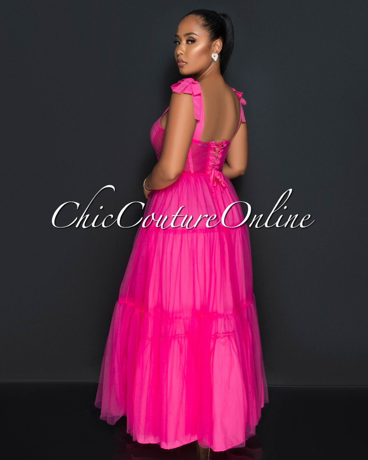 Denel Fuchsia Padded Cups Mesh Ruffle Maxi Dress