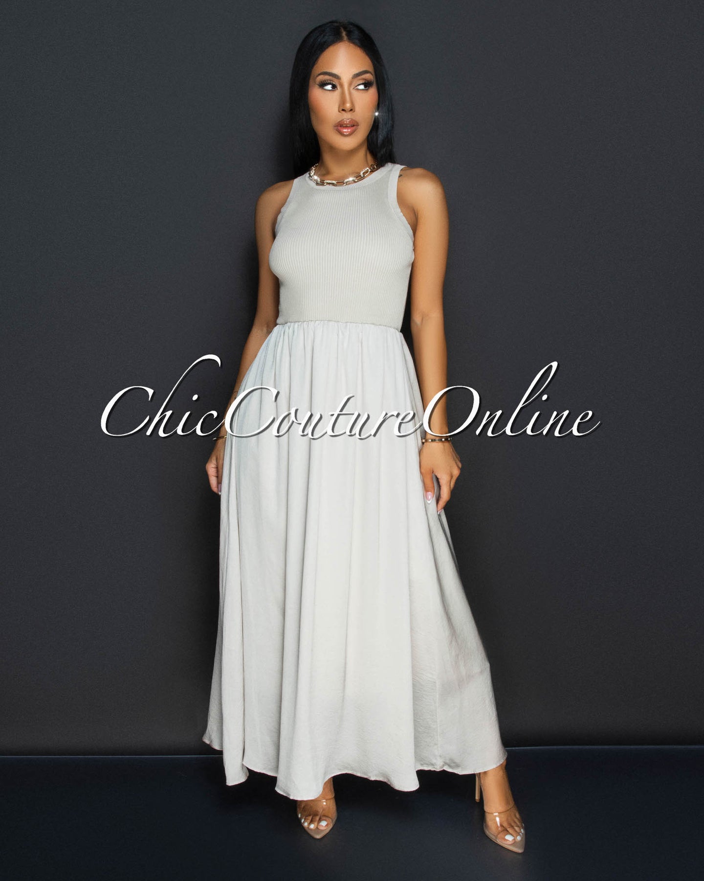 *Costanza Nude Ribbed Silky Midi Dress