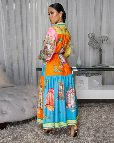 Calista Multi-Color Print Silky Maxi Dress