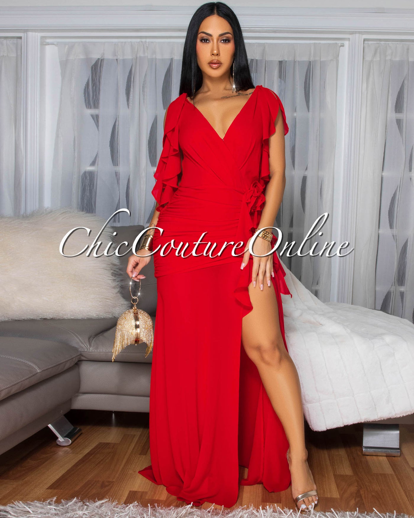 Abianka Red Ruffle Slit Maxi Dress