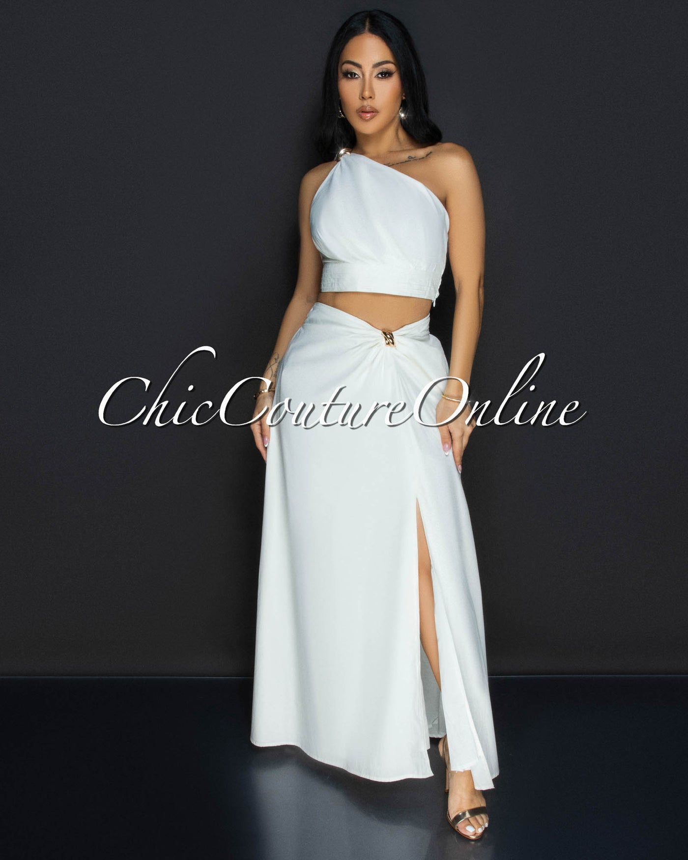 Ceci White Gold Accent Top & Skirt Two Piece Set