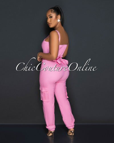 Vadda Pink PaperBag Waistband Cargo Jumpsuit