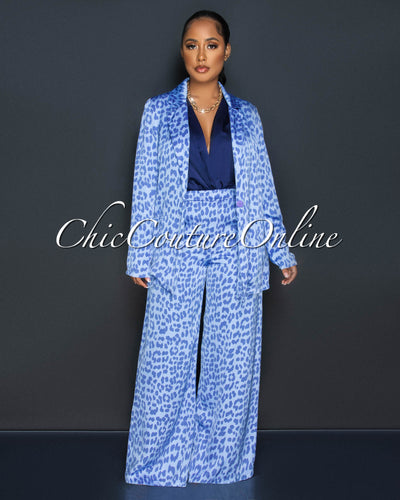 Samone Blue Leopard Print Blazer & Wide Pants Silky Set