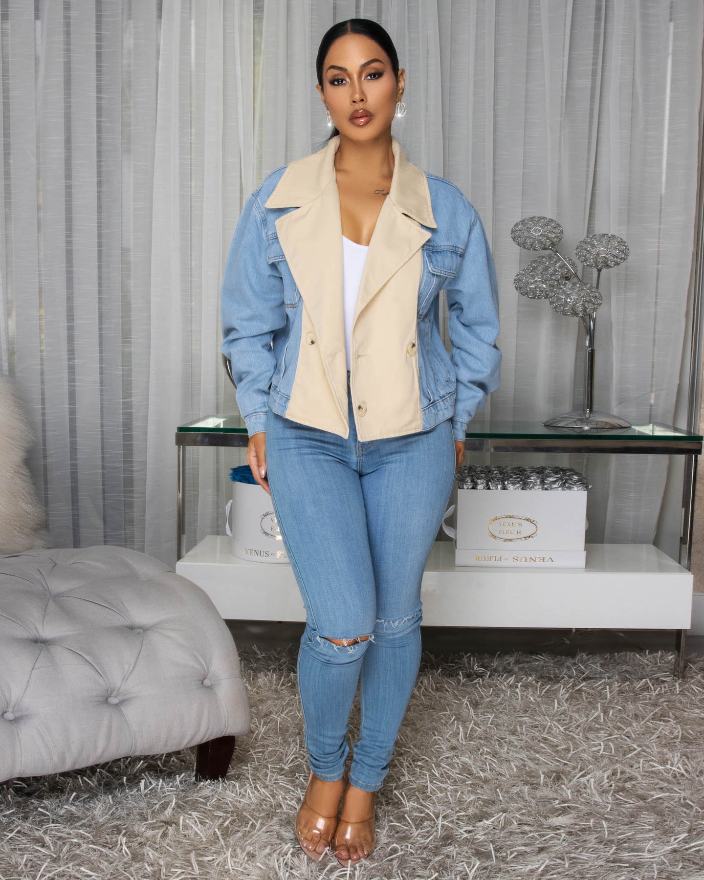 Eudora Blue Denim Nude Color-Block Jacket