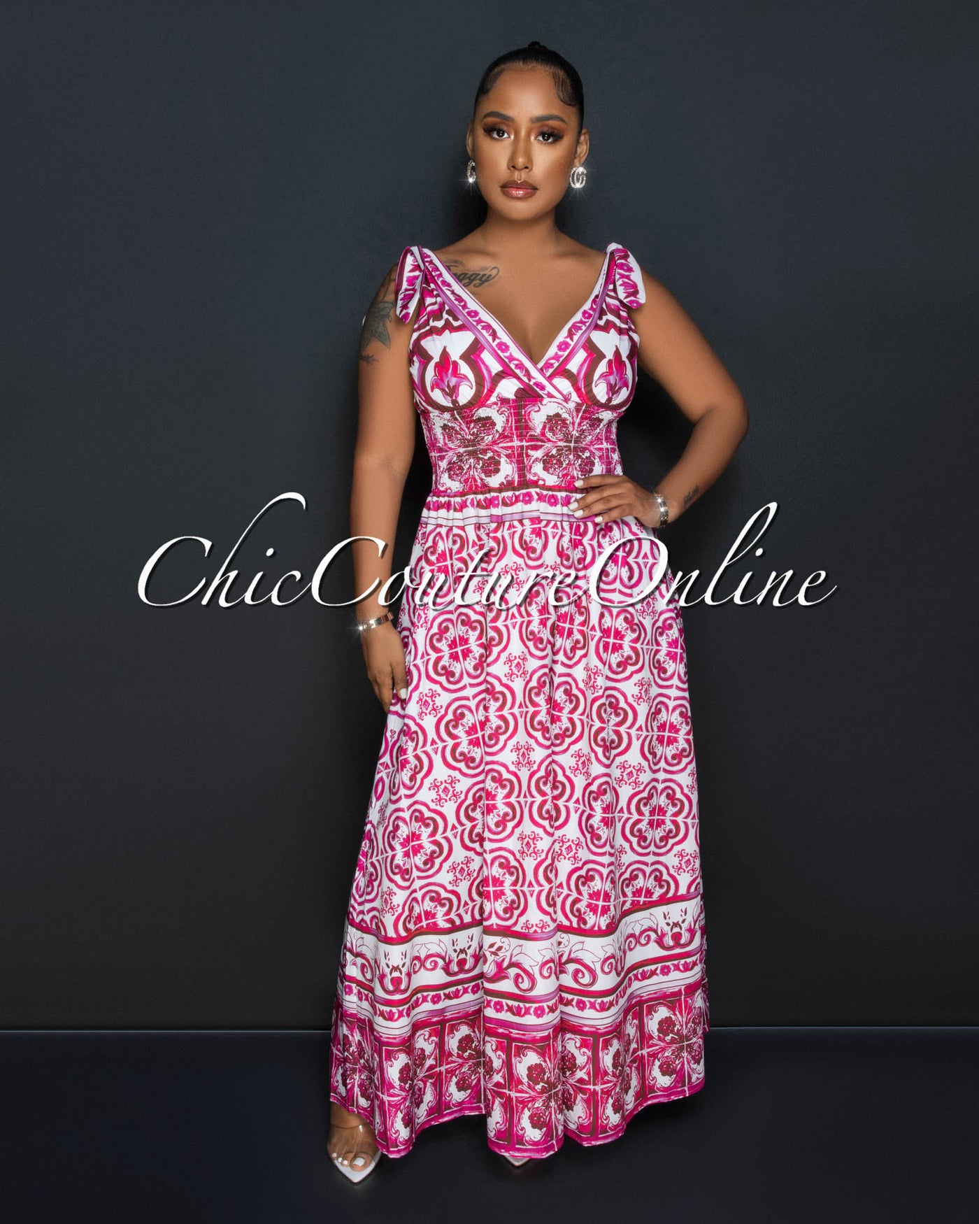 Detta White Fuchsia Print Smocked Waist Maxi Dress