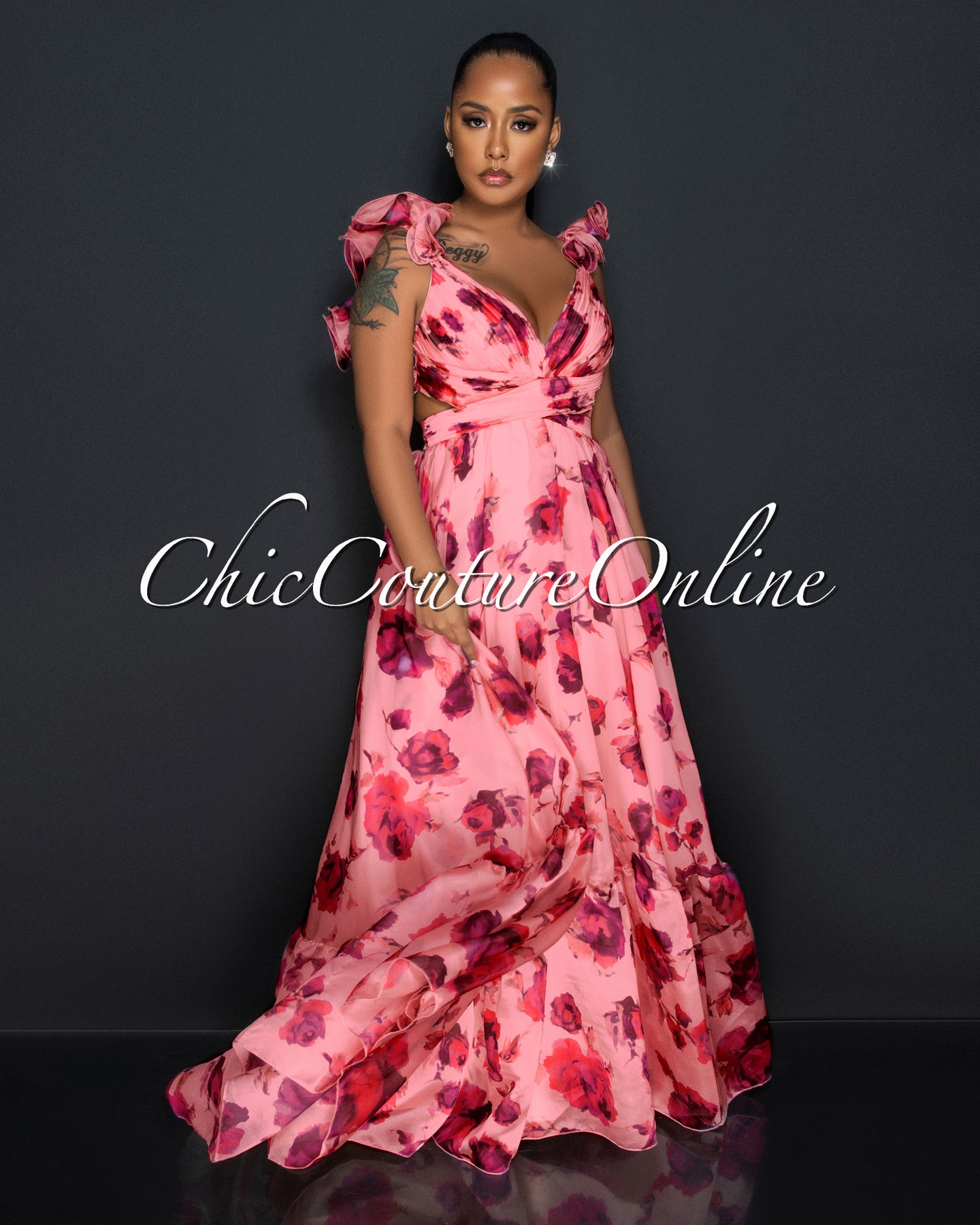 Anderson Salmon Floral Print Drape Ruffle Maxi Dress