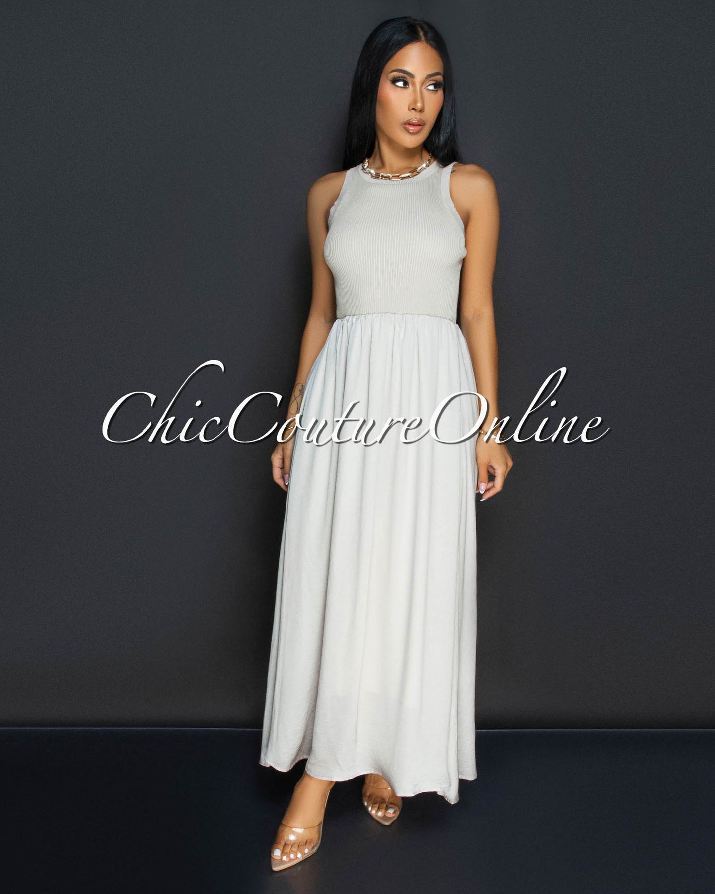 *Costanza Nude Ribbed Silky Midi Dress