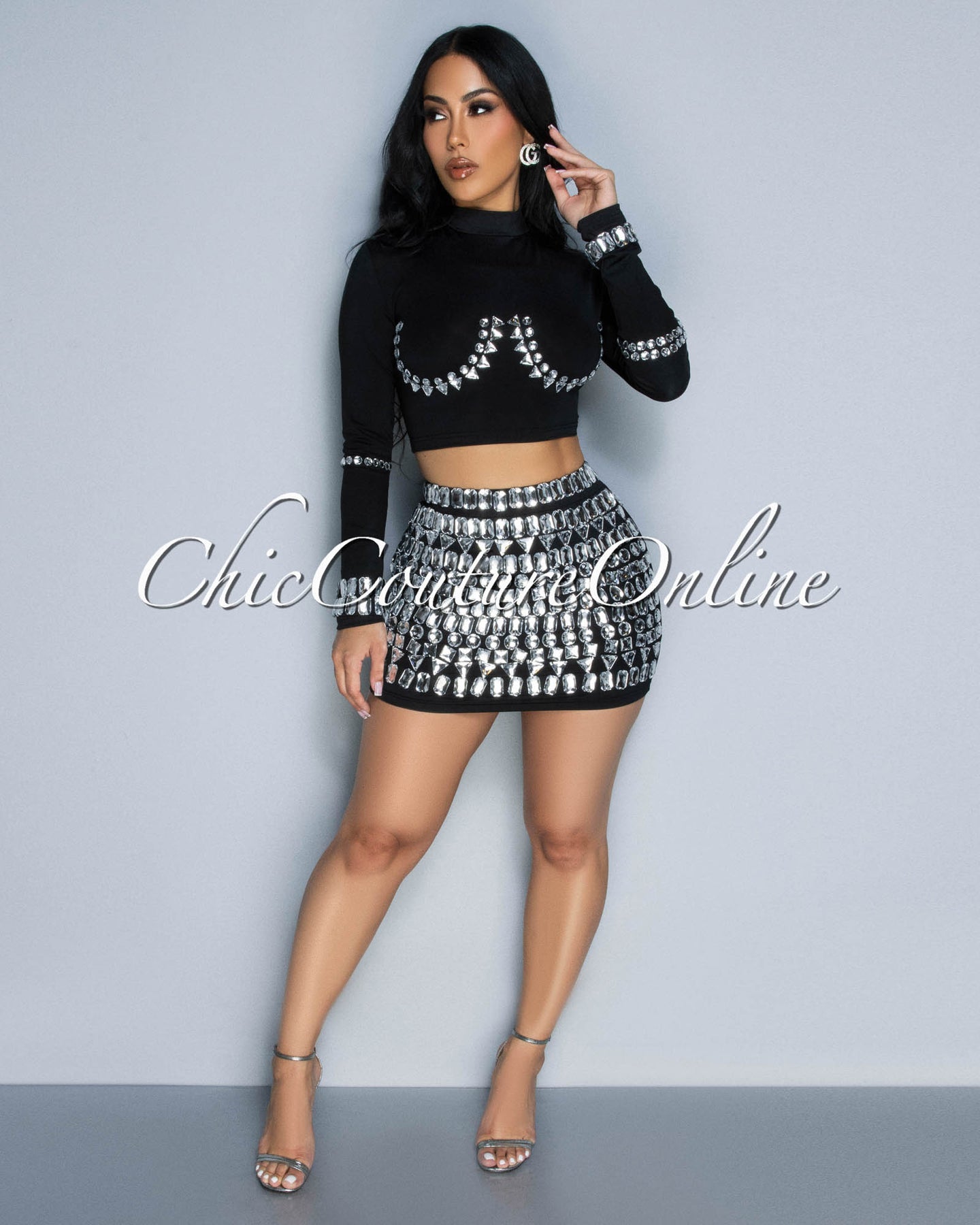 *Birka Black Rhinestones Crop Top & Mini Skirt Set