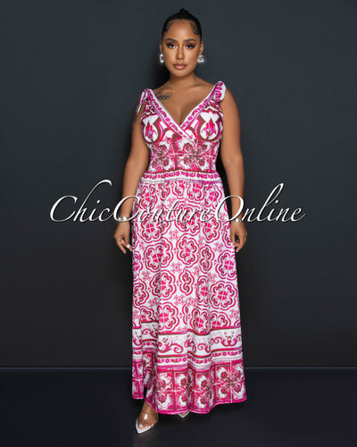 Detta White Fuchsia Print Smocked Waist Maxi Dress