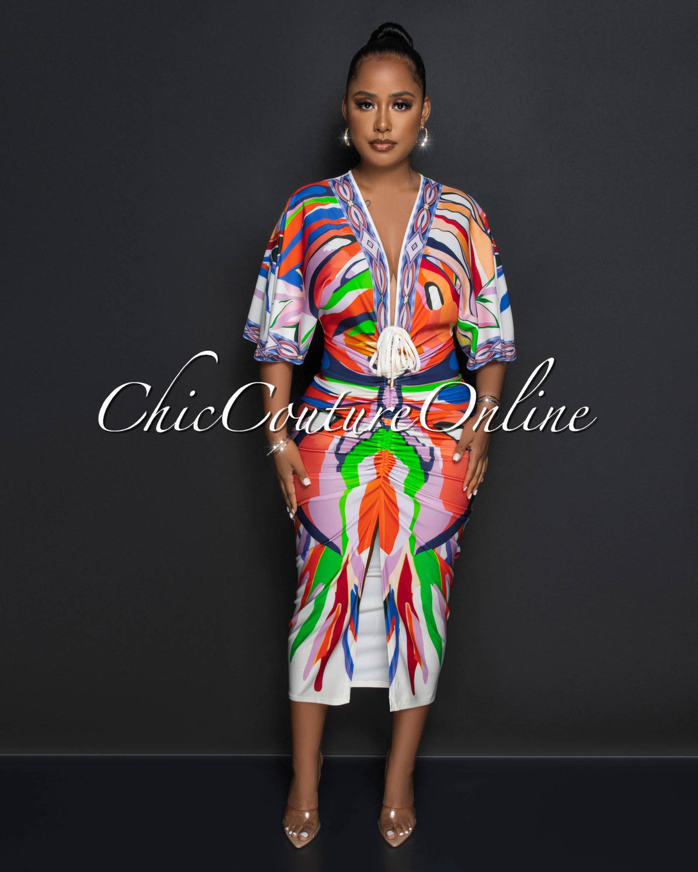 Montalvo Multi-Color Deep V Neckline Ruched Midi Dress