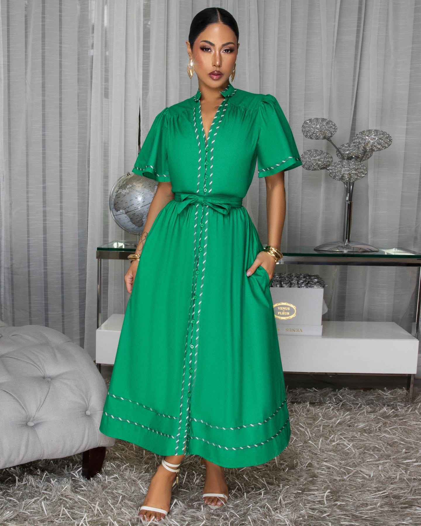 Ryiah Kelly Green Belted Maxi Dress