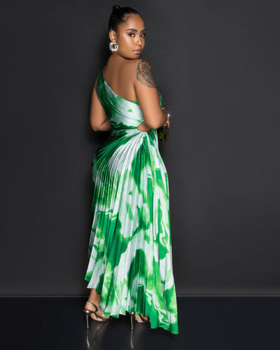 Hilary Green Print Pleated Single Shoulder Maxi Dress