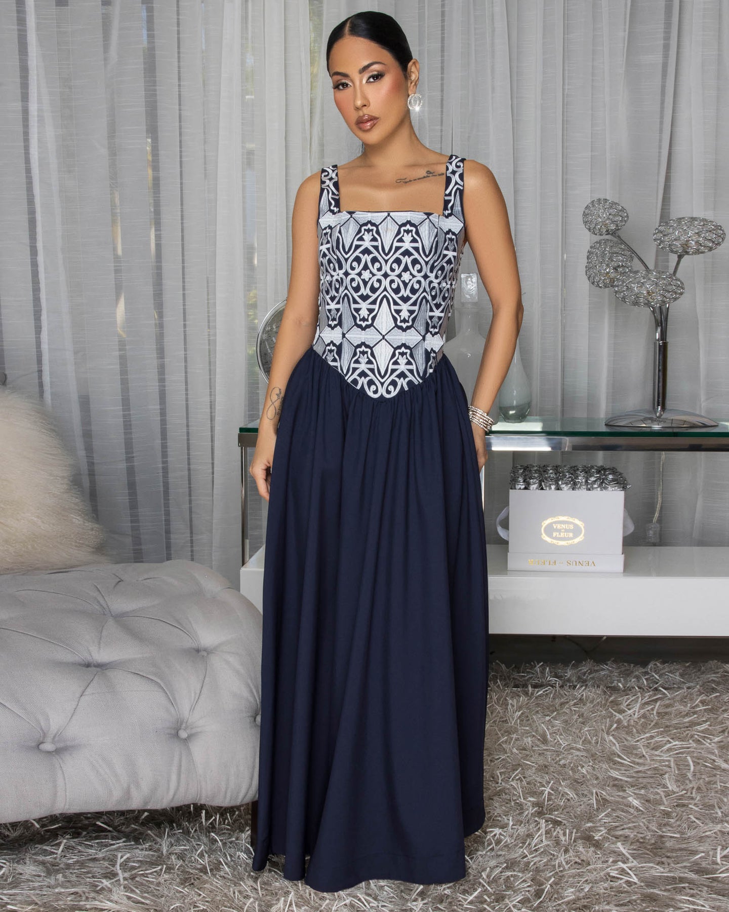 Cesca Navy-Blue Embroidery Design Maxi Dress
