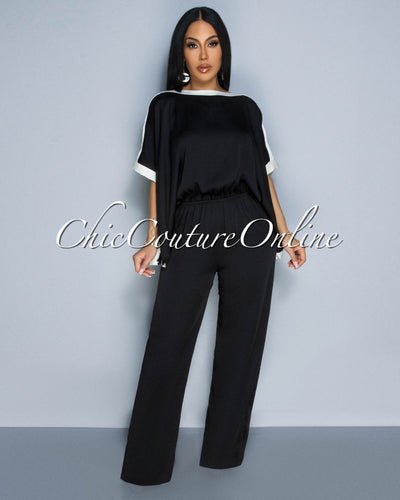 Vedette Black Off-White Wide Sleeves & Legs Jumpsuit