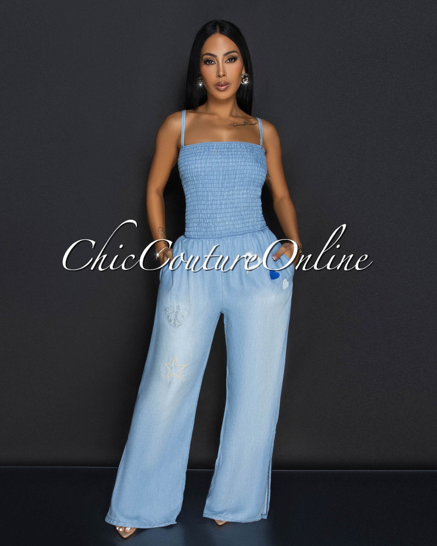 Bayna Light Denim Glitter Design Smocked Top Widelegs Jumpsuit