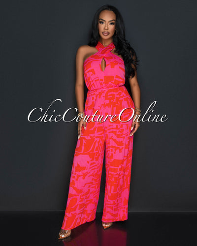 Anara Orange Fuchsia Print Cross Neckline Pleated Jumpsuit