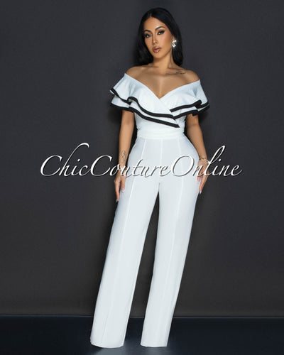 Mara White Black Trim Ruffle Bust Jumpsuit