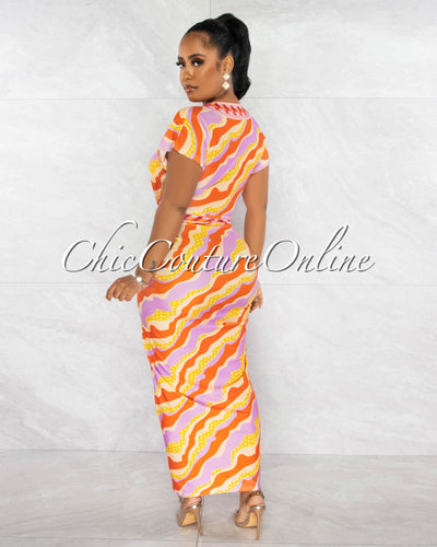 Carmelle Orange Prink Print Front Knot Slit Maxi Dress