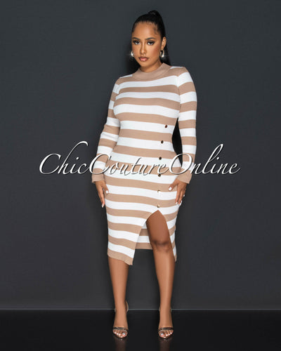 Jarrett Nude White Stripes Gold Snaps Knit Midi Dress