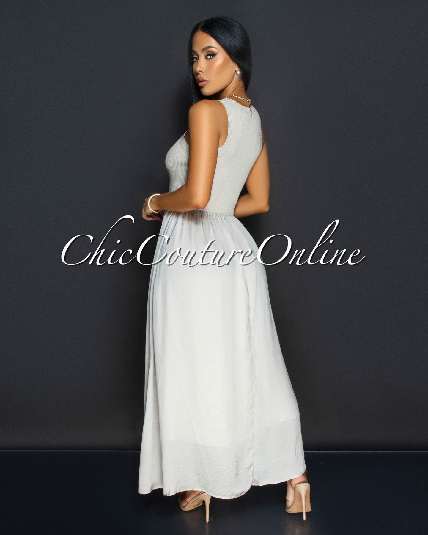 *Costanza Nude Ribbed Silky Midi Dress