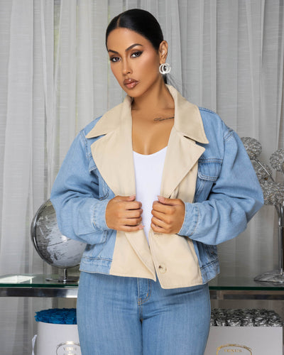Eudora Blue Denim Nude Color-Block Jacket