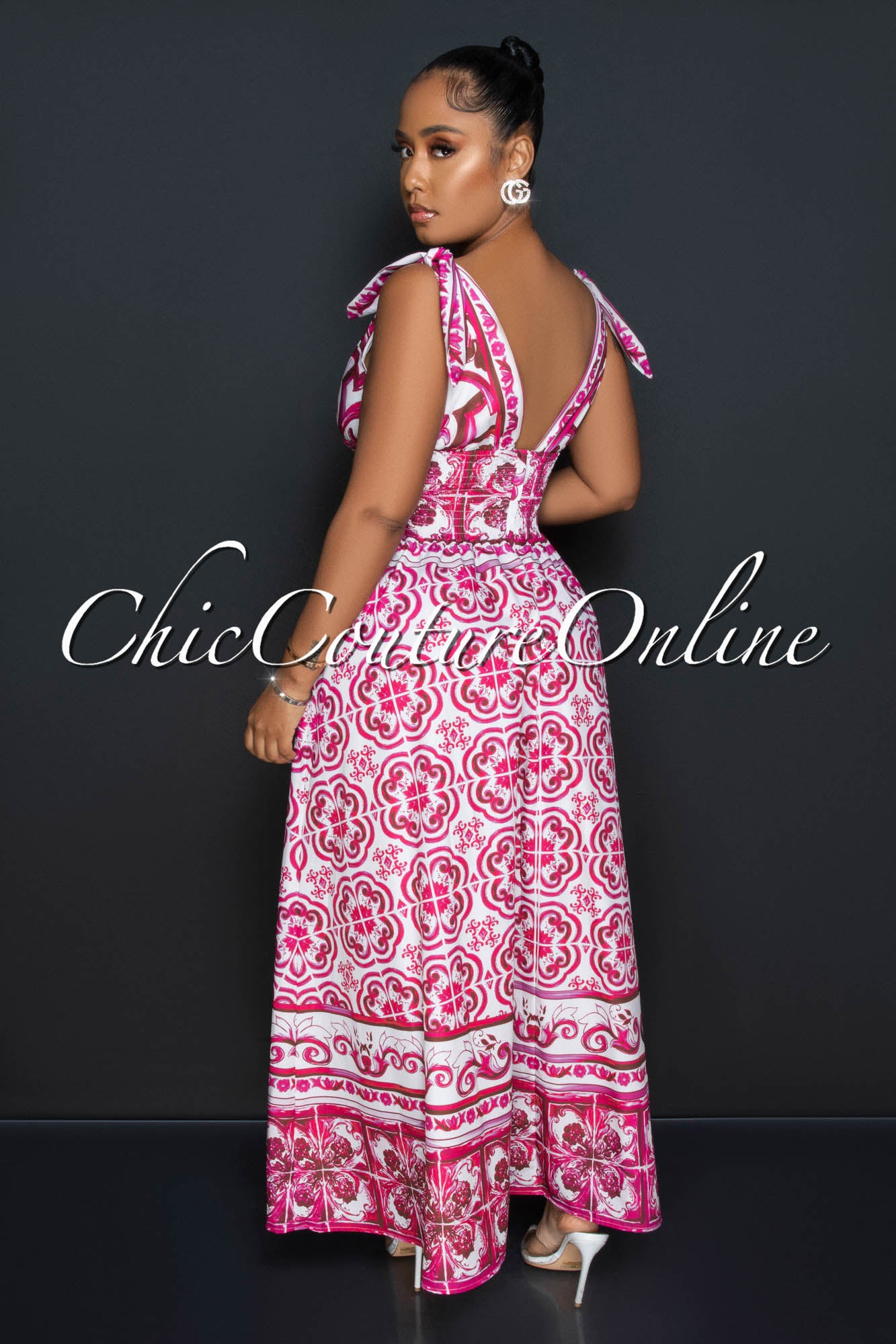 Detta White Fuchsia Print Smocked Waist Maxi Dress