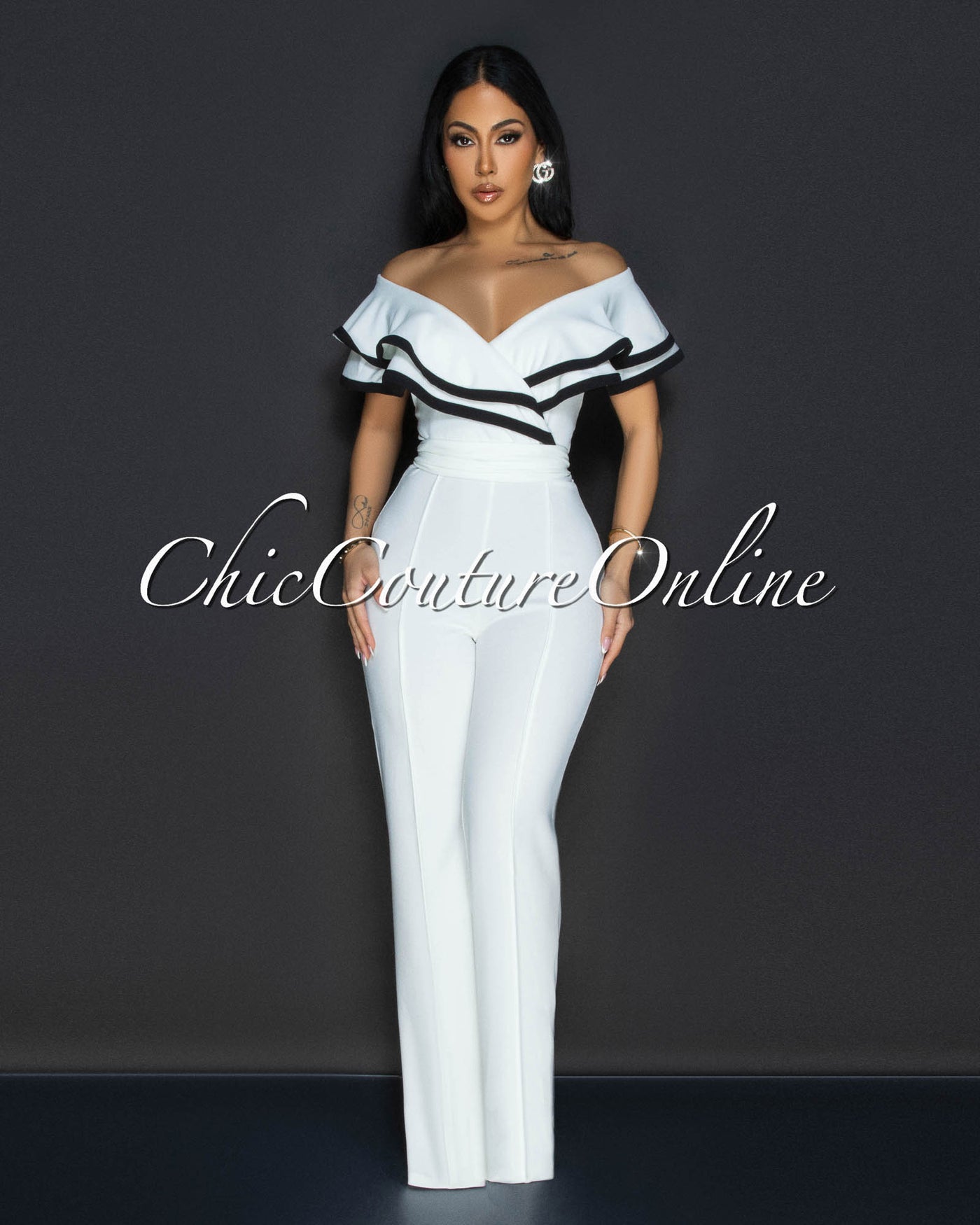 Mara White Black Trim Ruffle Bust Jumpsuit