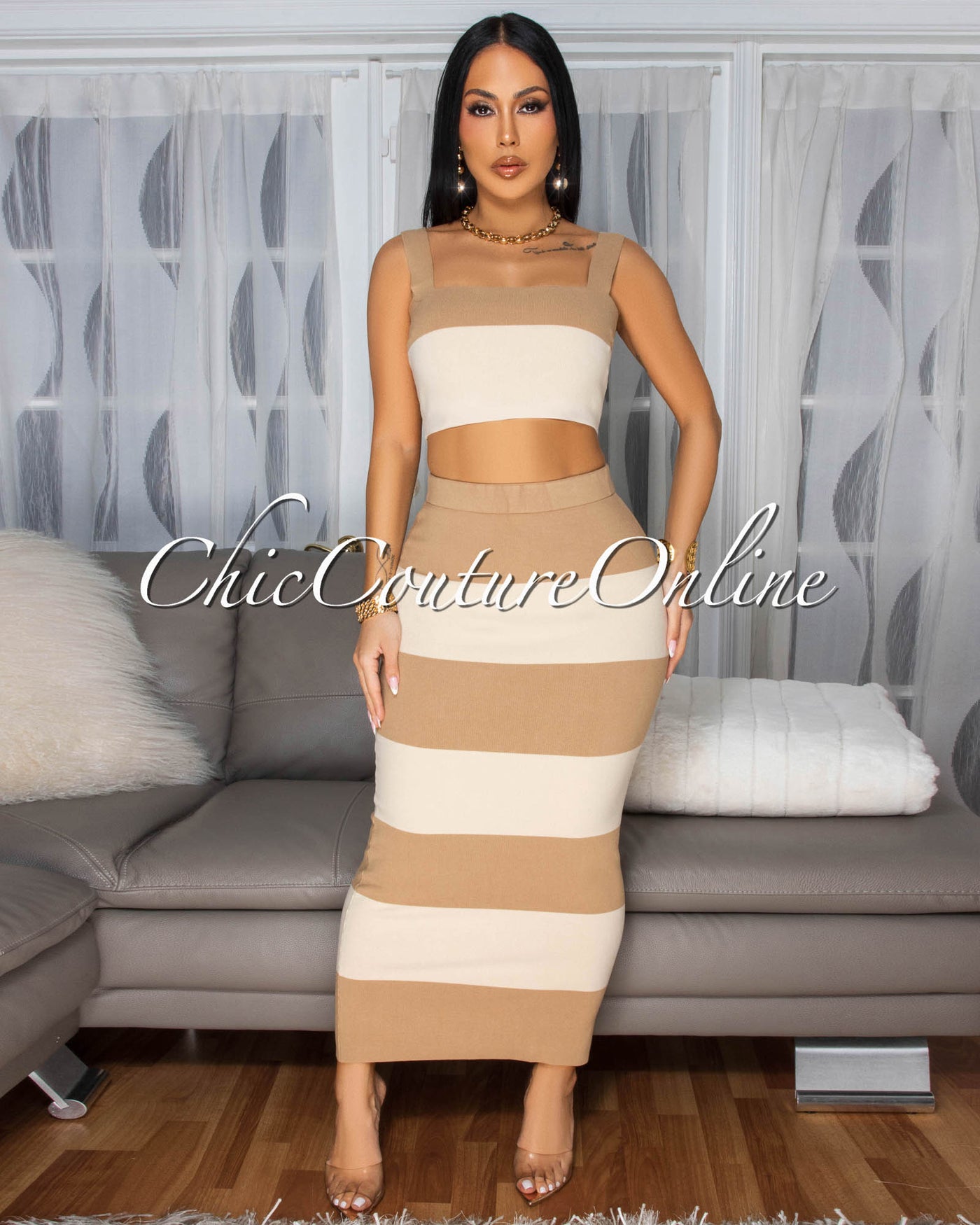 Mielle Toffee Nude Crop Top & Maxi Skirt Knit Set