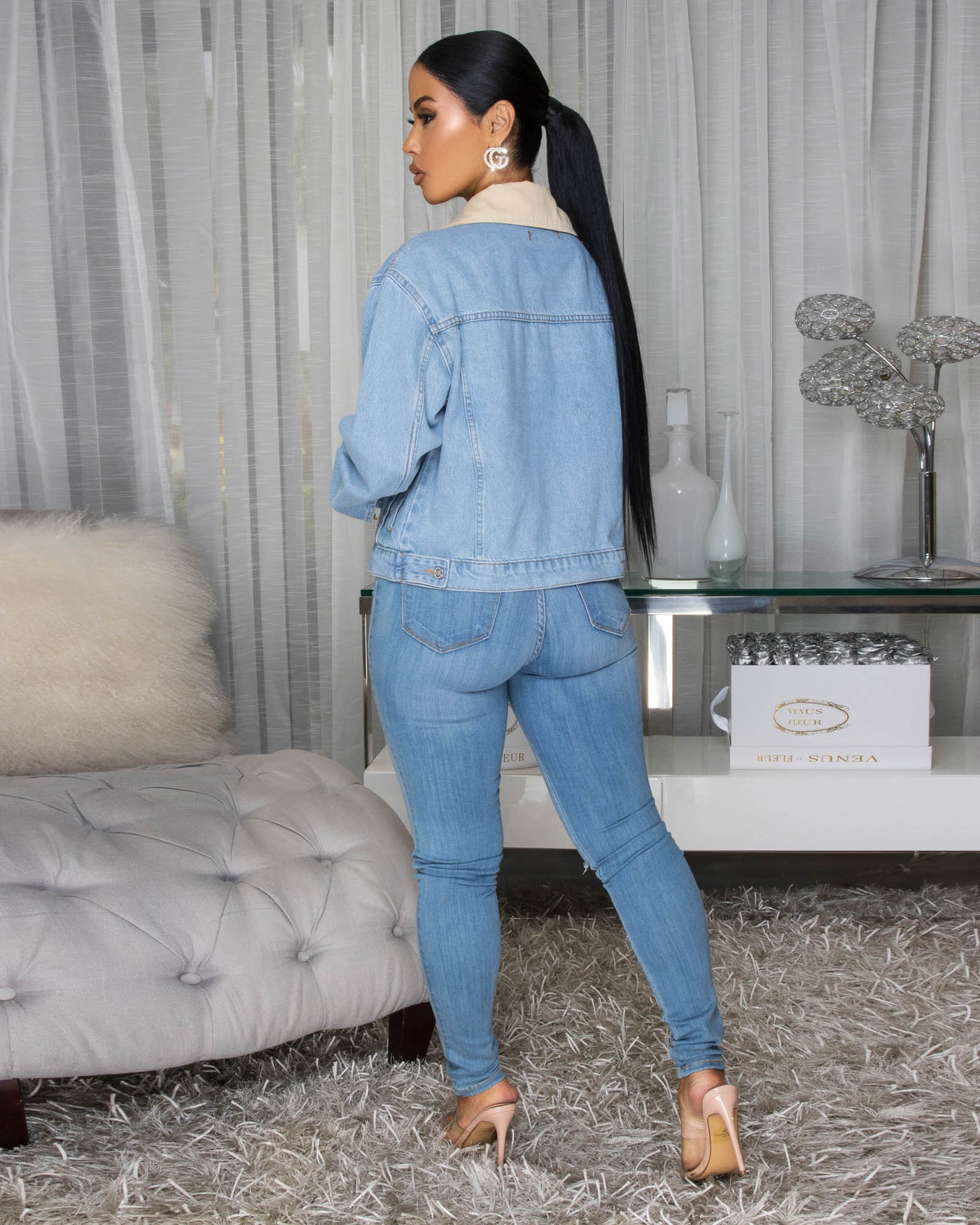 Eudora Blue Denim Nude Color-Block Jacket