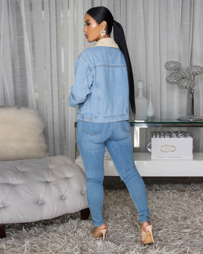 Eudora Blue Denim Nude Color-Block Jacket