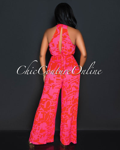 Anara Orange Fuchsia Print Cross Neckline Pleated Jumpsuit