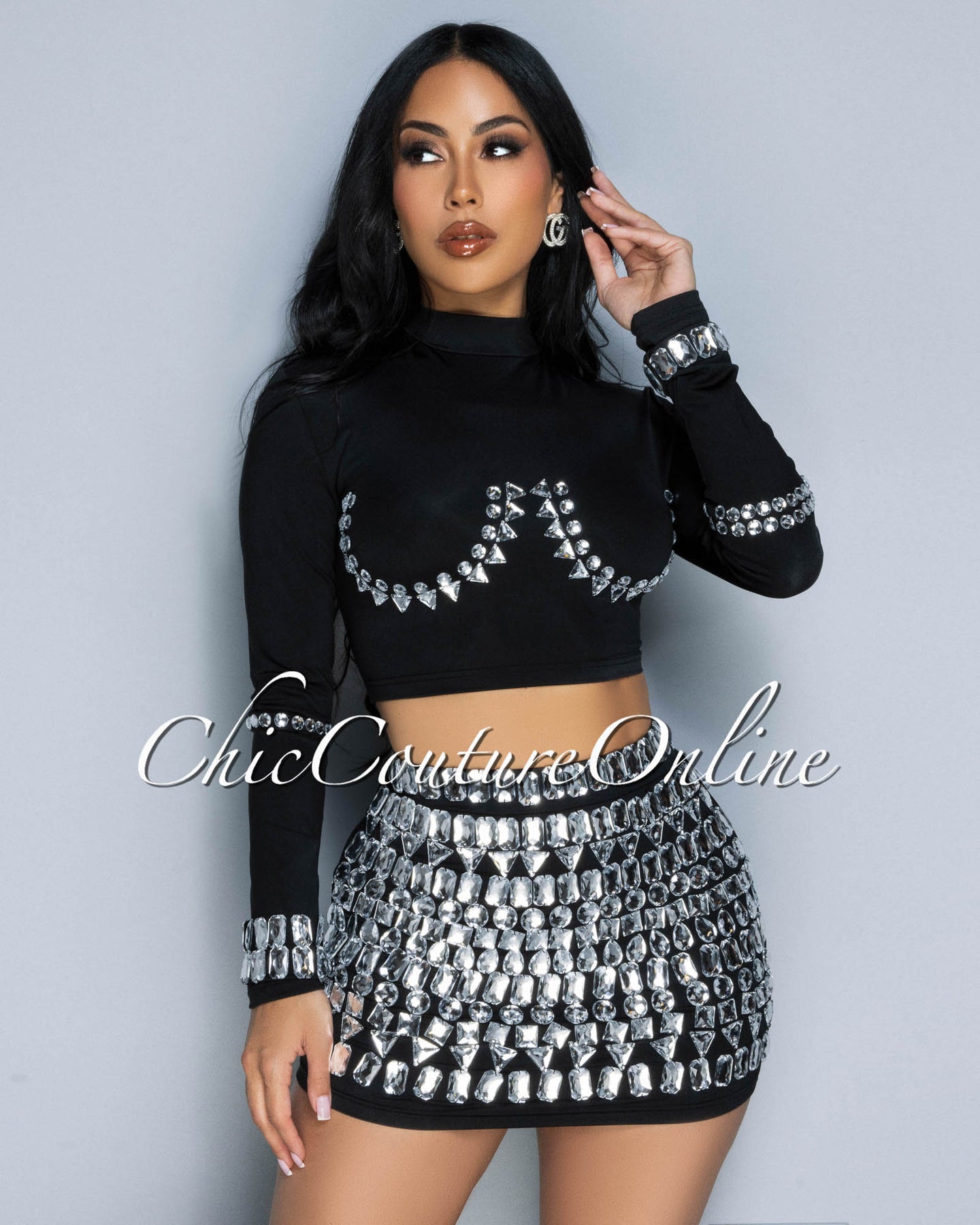 *Birka Black Rhinestones Crop Top & Mini Skirt Set