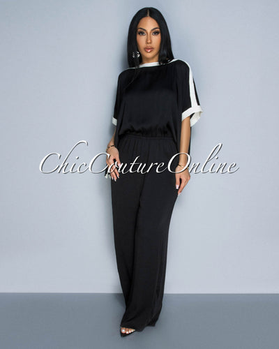 Vedette Black Off-White Wide Sleeves & Legs Jumpsuit