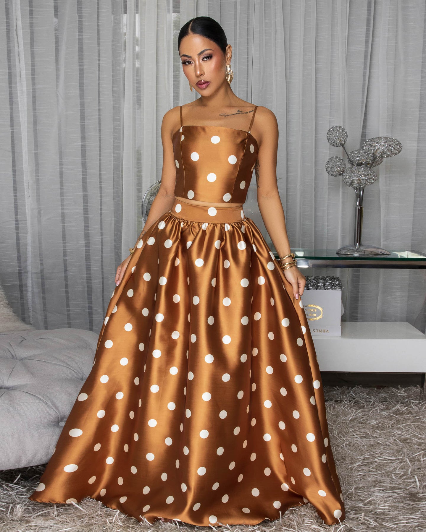 Tahirie Bronze White Polka Dot Print Skirt Set