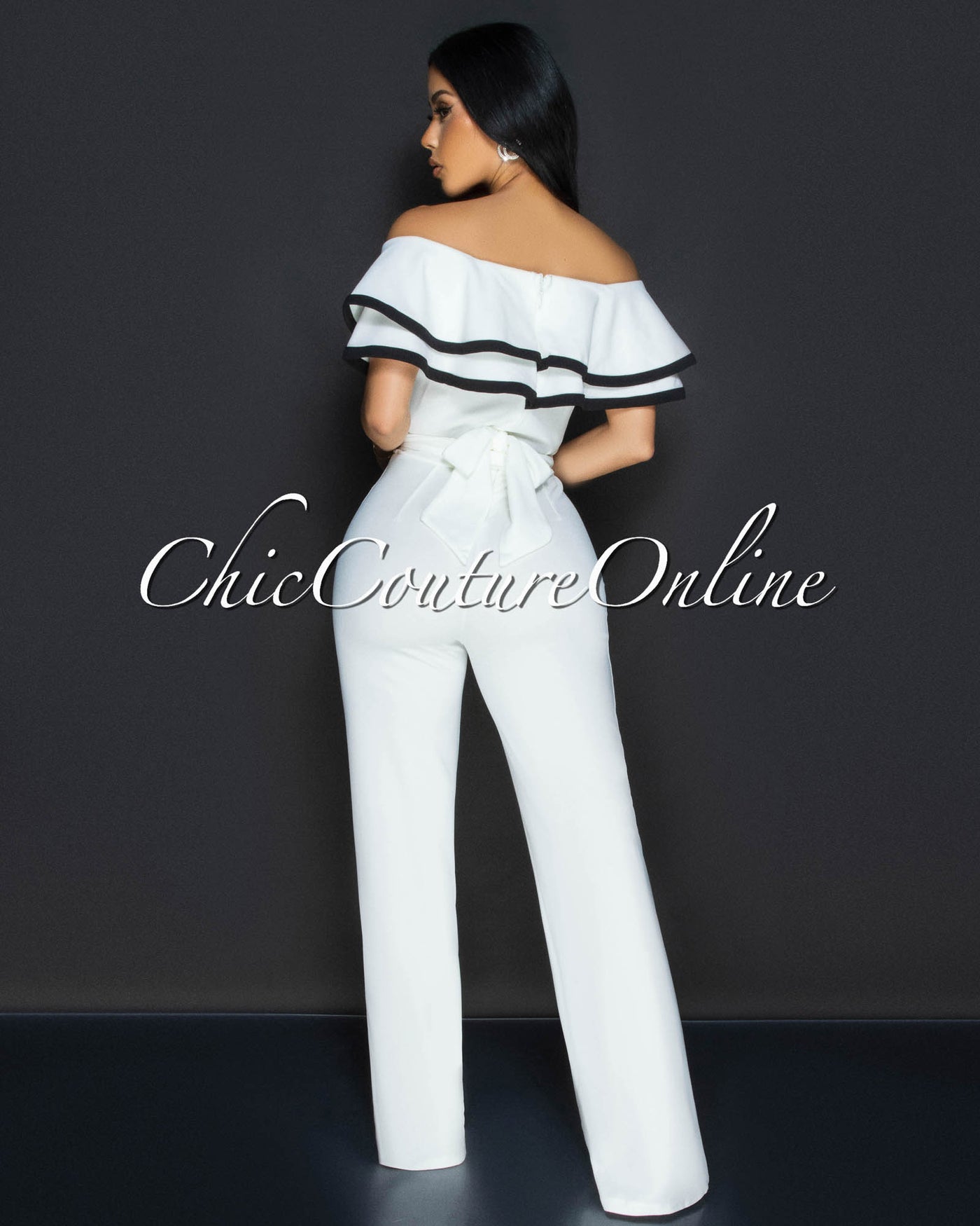 Mara White Black Trim Ruffle Bust Jumpsuit