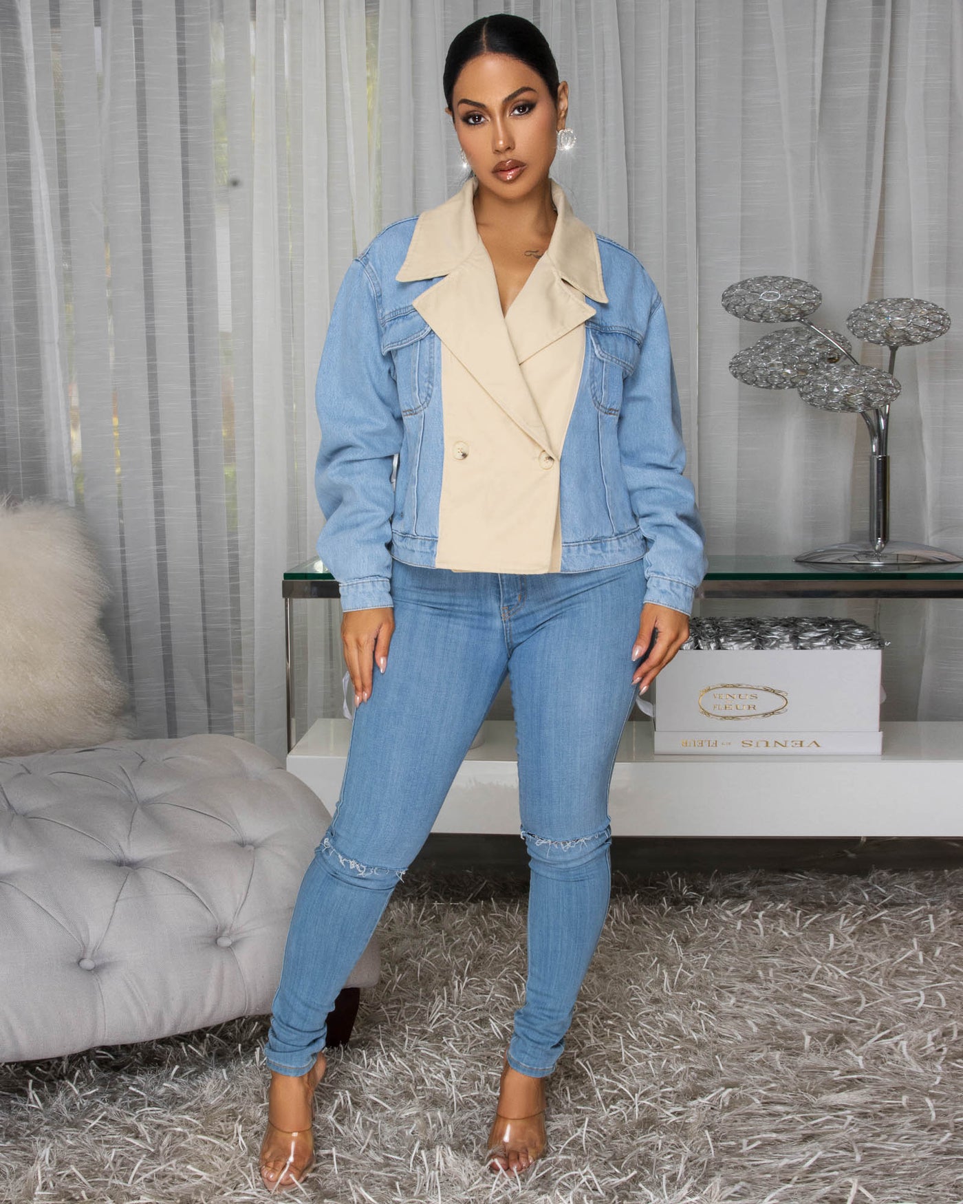 Eudora Blue Denim Nude Color-Block Jacket