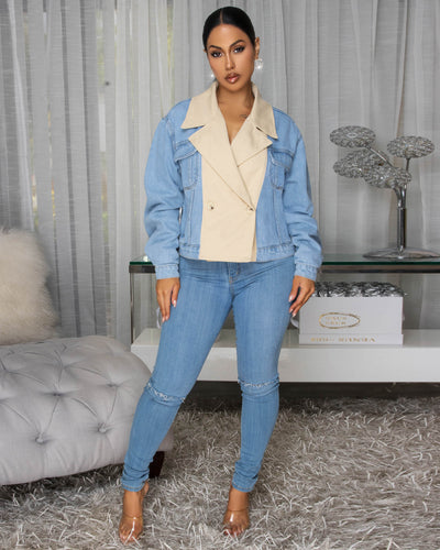 Eudora Blue Denim Nude Color-Block Jacket