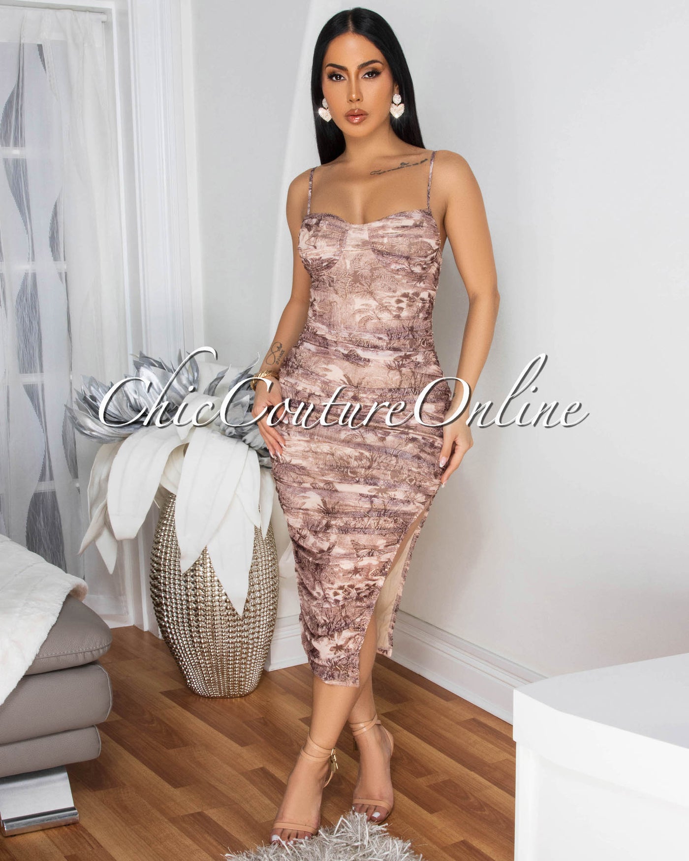 Mallea Blush Gold Print Multi-Color Ruched Midi Dress