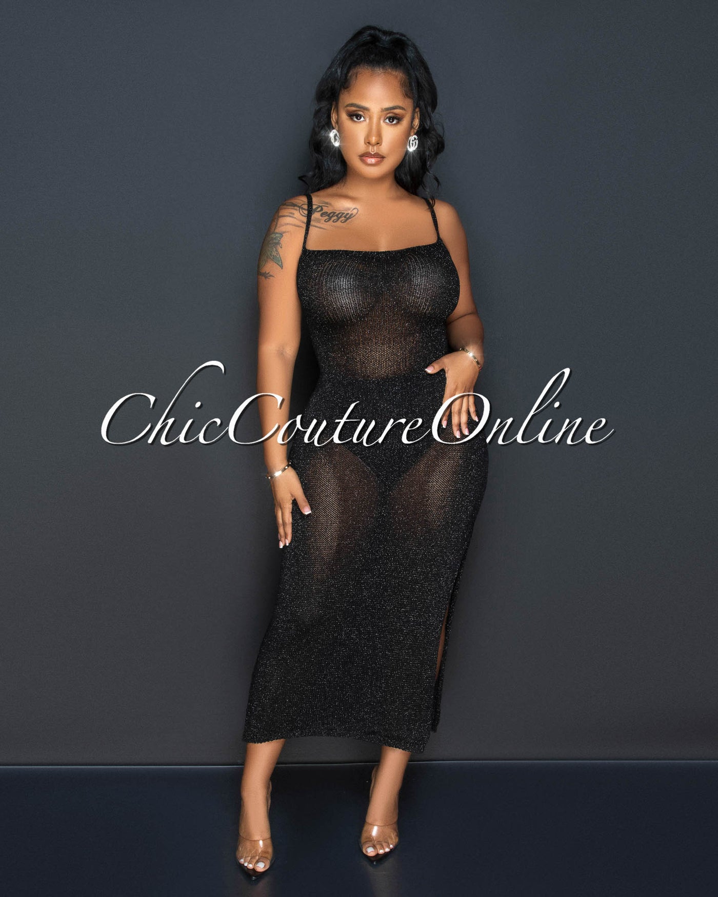 Deany Black Shimmer Lace-Up Back Crochet Maxi Dress