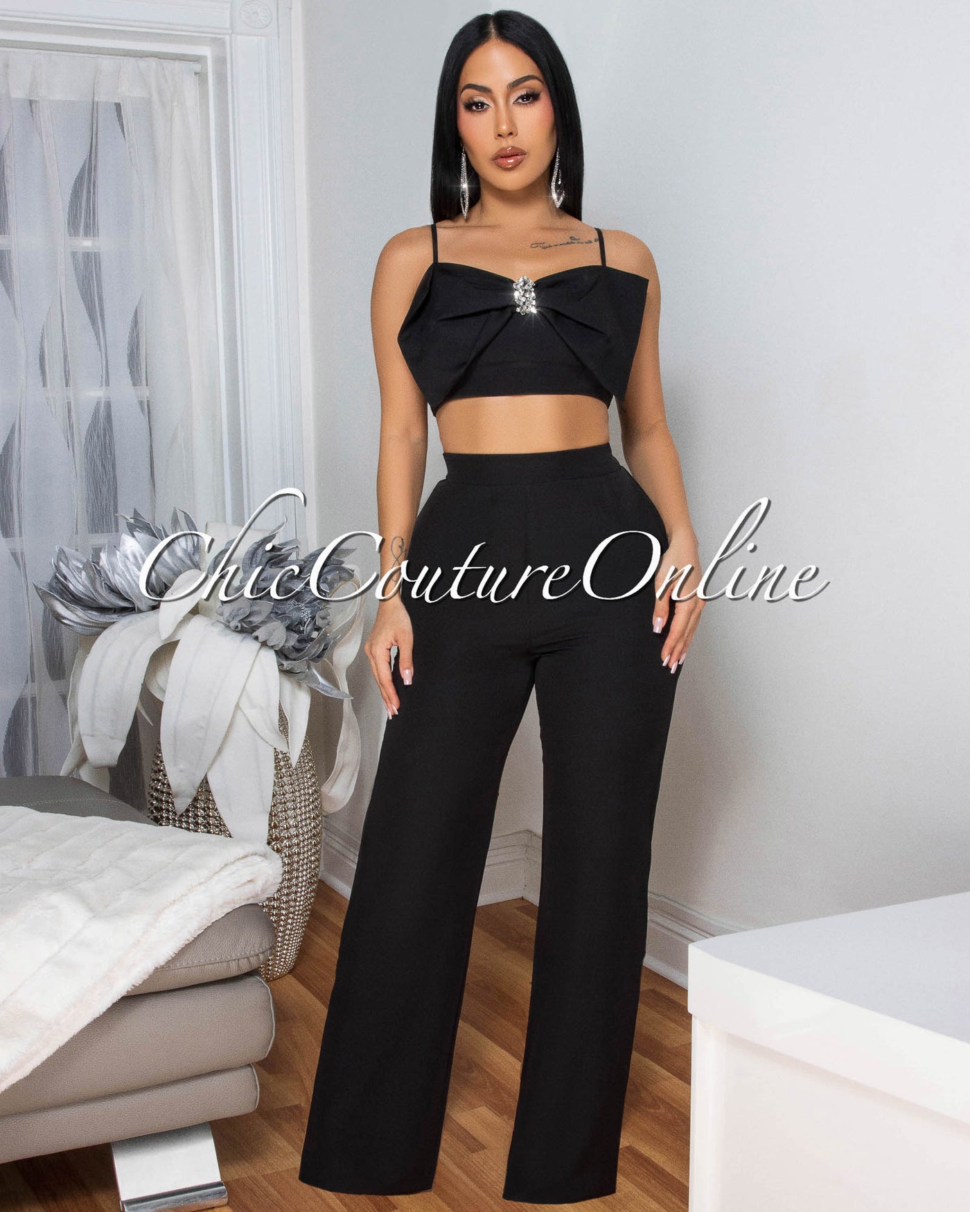 Jeannie Black Crop Top Pants Set